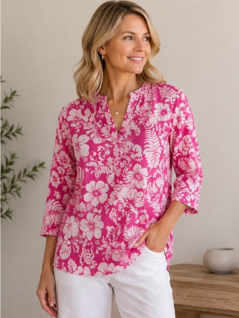 Lauren Ralph Lauren Pink Tropical Floral Cotton Blouse Women Small Resort Preppy